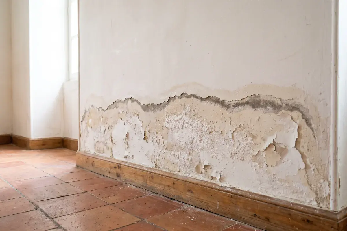 Bas d’un mur de maison ancienne abîmé par des remontées capillaires : peinture qui cloque, dépôts blancs de sels et auréole au-dessus de la plinthe.