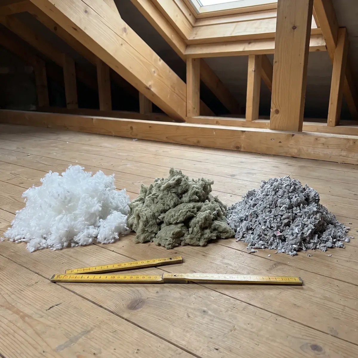 Trois échantillons d’isolant en vrac sur un plancher de grenier : laine de verre blanche, laine de roche gris-vert et ouate de cellulose grise, à côté d’un mètre pliant.