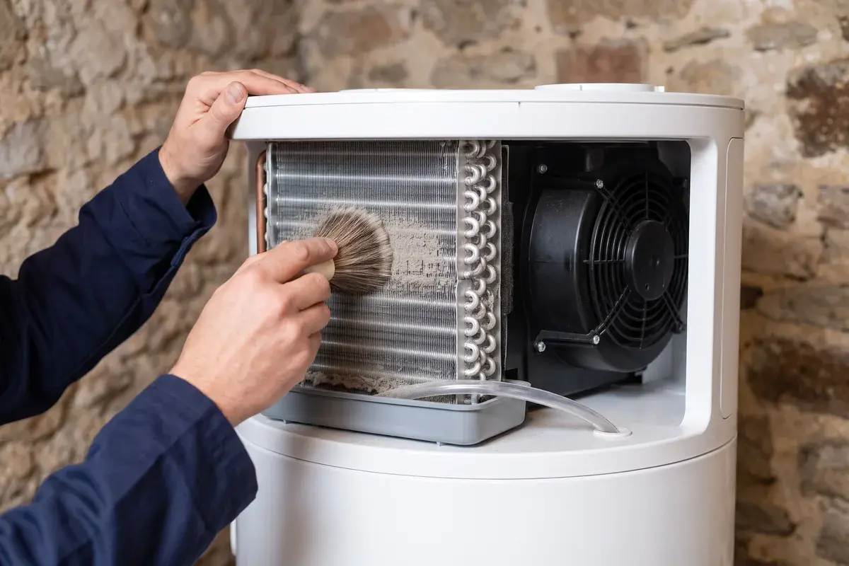 Capot retiré, un technicien dépoussière au pinceau les ailettes de l'évaporateur d'un chauffe-eau thermodynamique Thermor Aéromax 6, à côté du ventilateur et du bac à condensats.