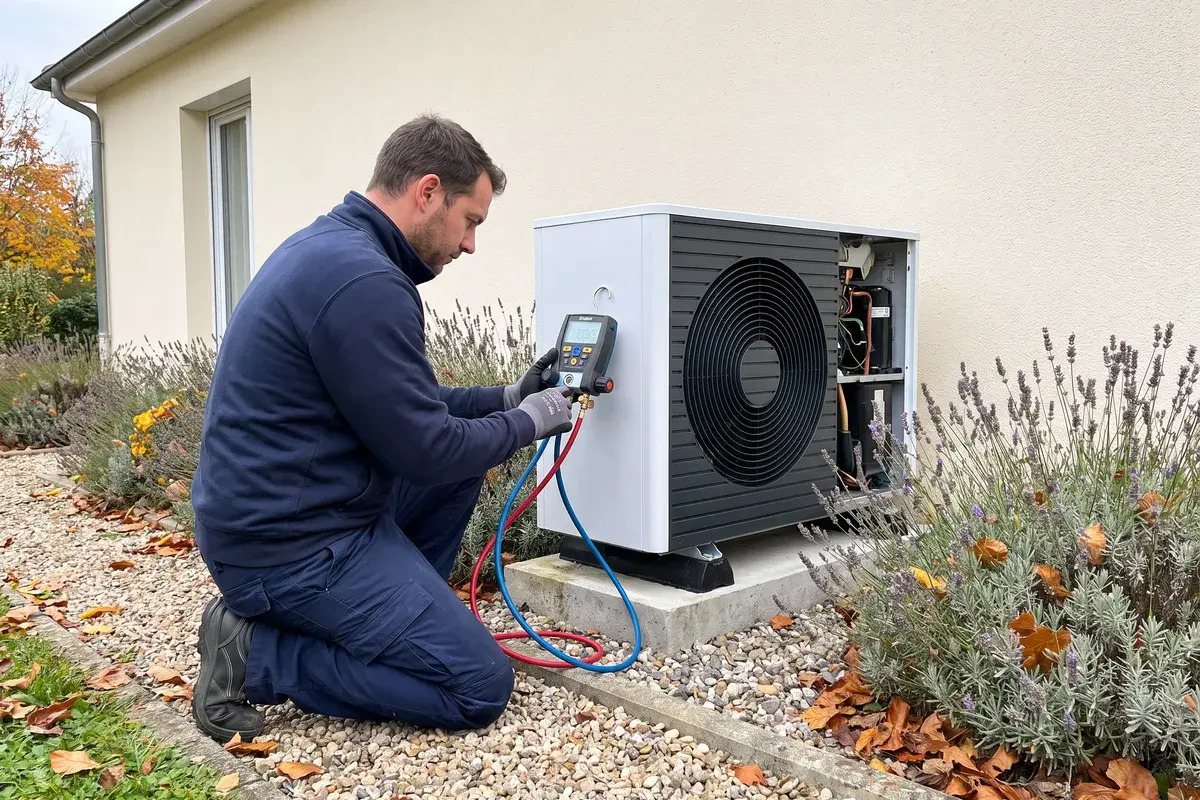 Un technicien contrôle au manomètre numérique la charge en fluide d’une pompe à chaleur Vaillant aroTHERM plus, panneau de service déposé.