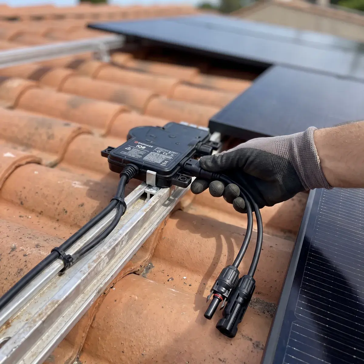 Un installateur raccorde un micro-onduleur Enphase IQ8 fixé sur le rail, avant la pose du panneau suivant