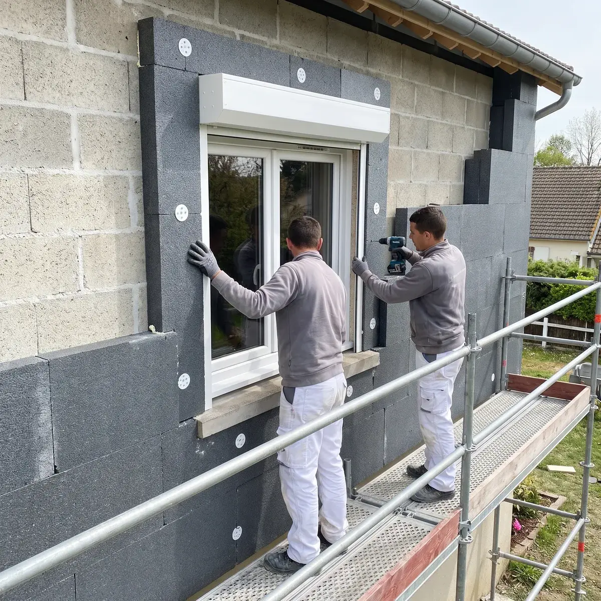 Deux menuisiers posent une fenêtre PVC Tryba sur un pavillon dont la façade reçoit une isolation par l’extérieur en polystyrène graphité weber.therm XM.