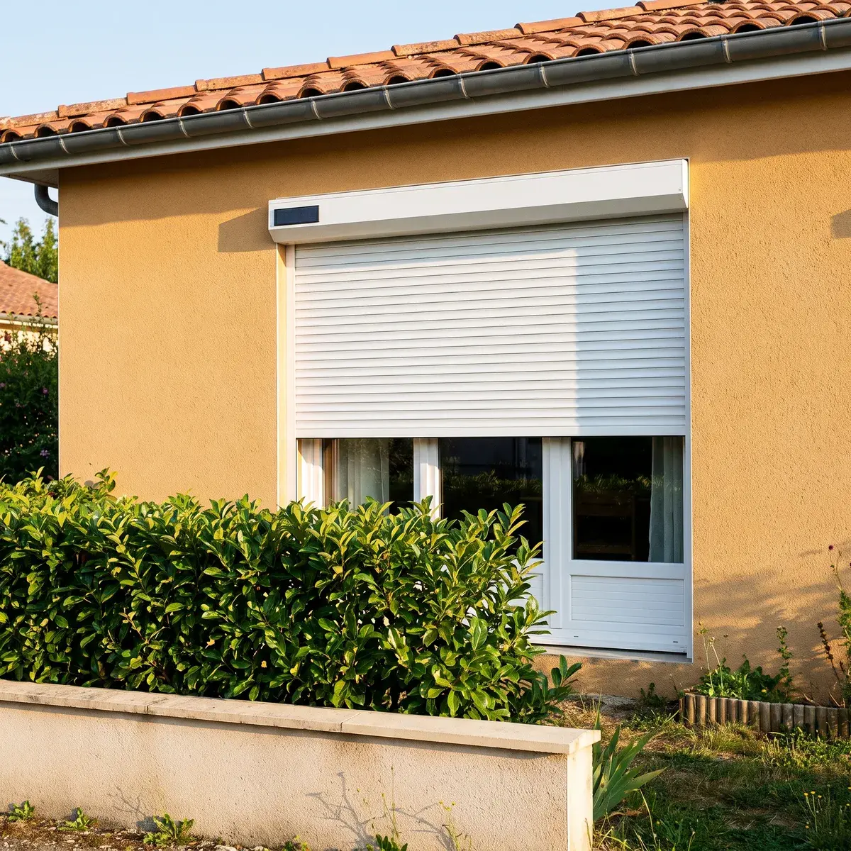 Façade crépie ocre d'un pavillon : une fenêtre PVC blanche au volet roulant à demi baissé, avec le petit panneau solaire d'un moteur Somfy RS100 Solar io sur la face du coffre, derrière une haie de laurier.