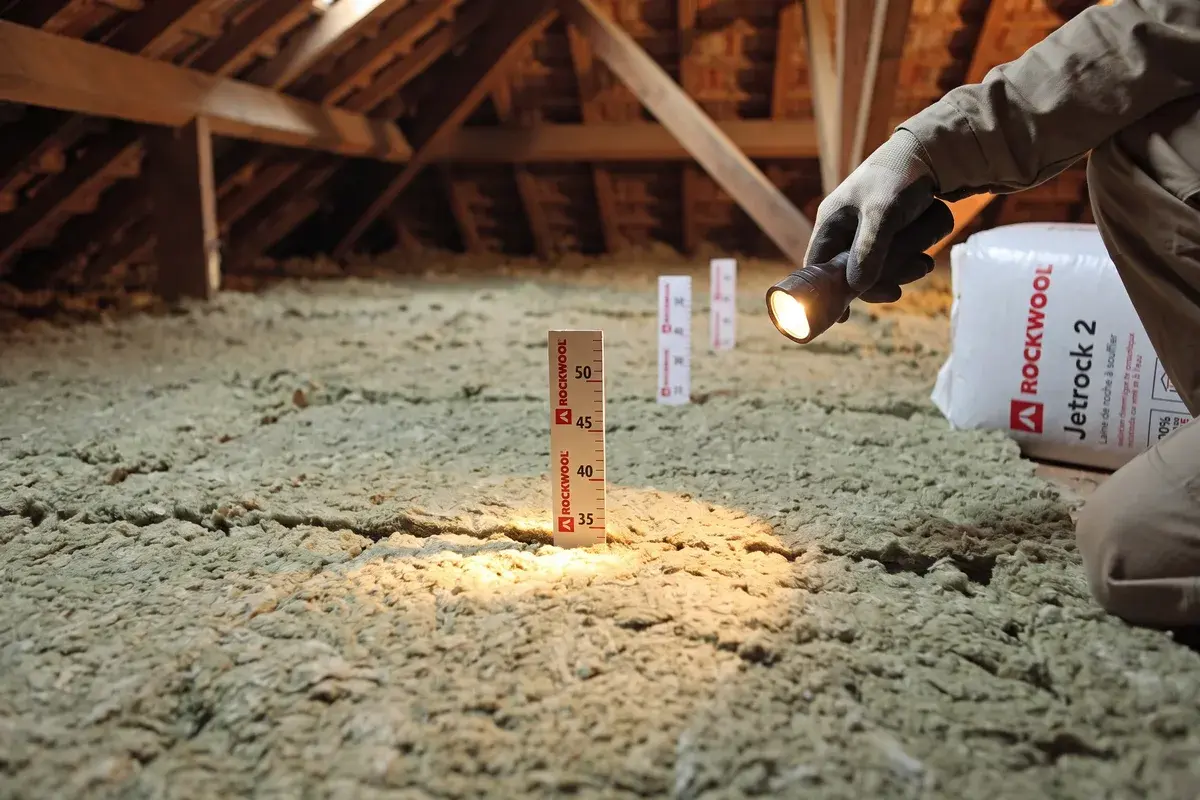 Une pige graduée Rockwool plantée dans de la laine de roche Jetrock 2 fraîchement soufflée, éclairée à la lampe, dans des combles perdus.