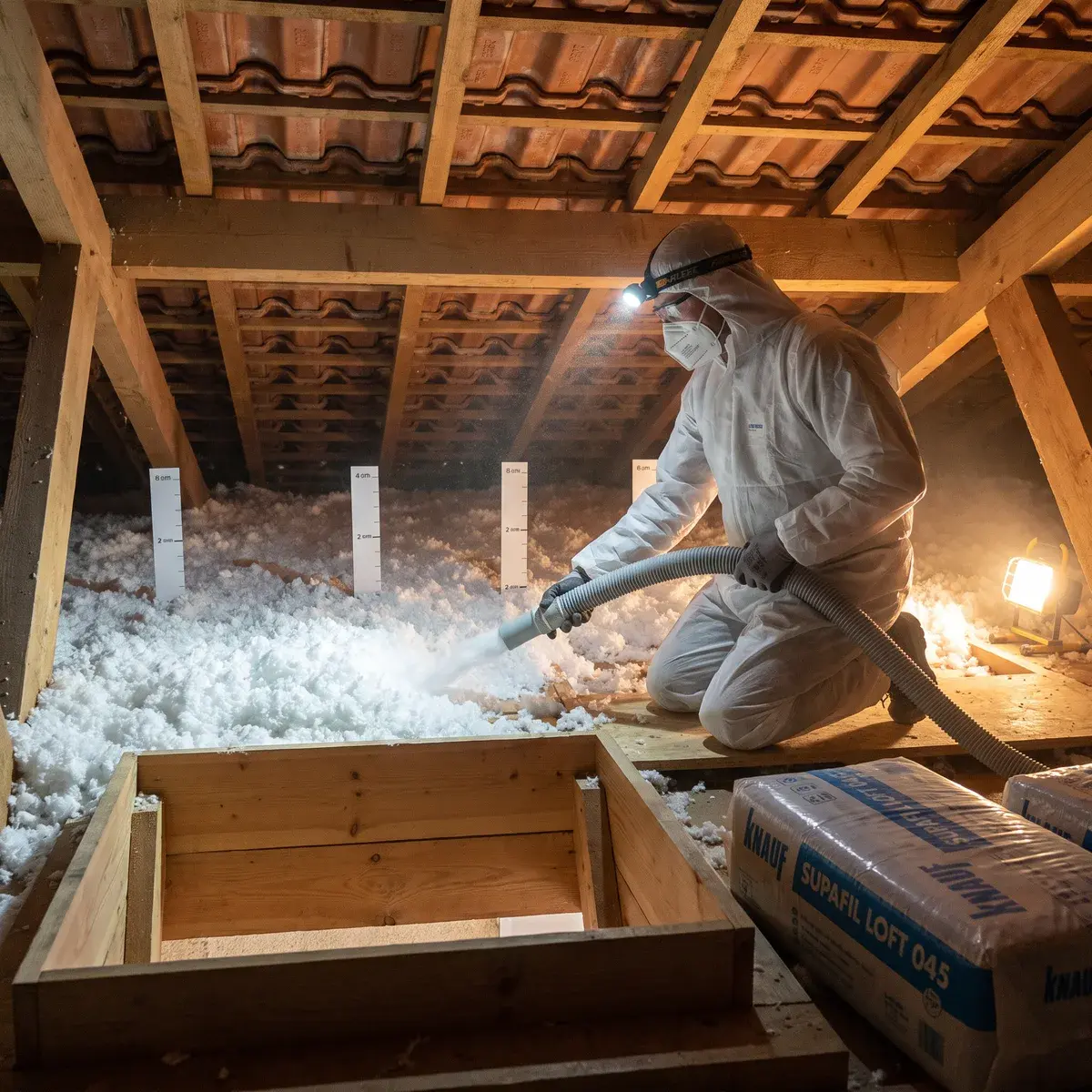 Un poseur en combinaison souffle de la laine de verre Knauf Supafil Loft 045 sur le plancher de combles perdus, entre des piges de repérage, derrière une rehausse de trappe.