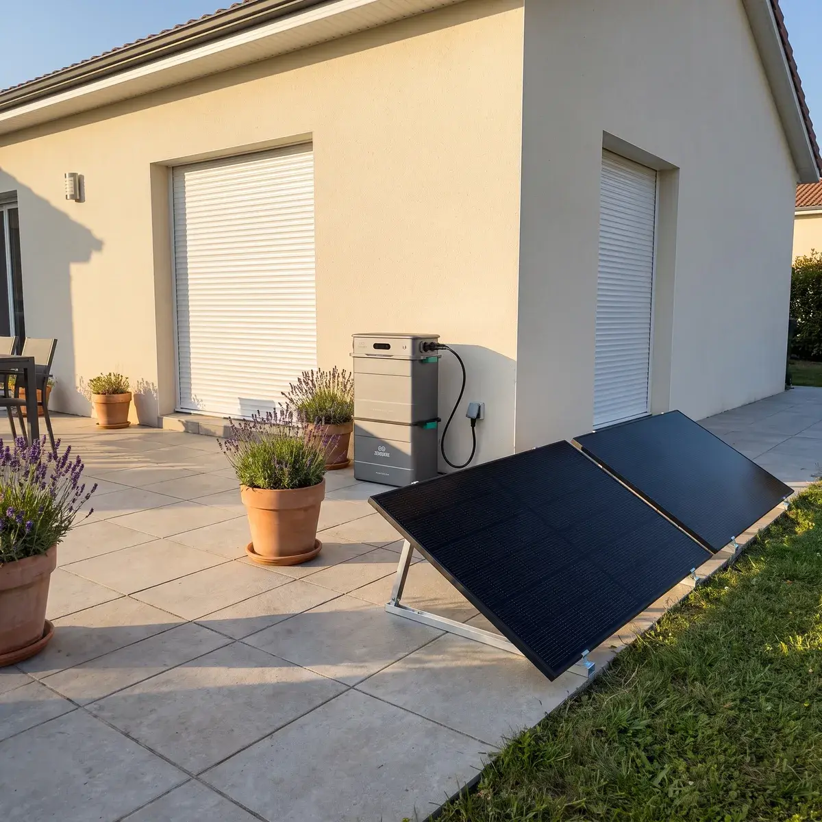 Kit Zendure SolarFlow 800 Pro empilé sur une batterie AB2000X, branché sur une prise extérieure d'une terrasse.
