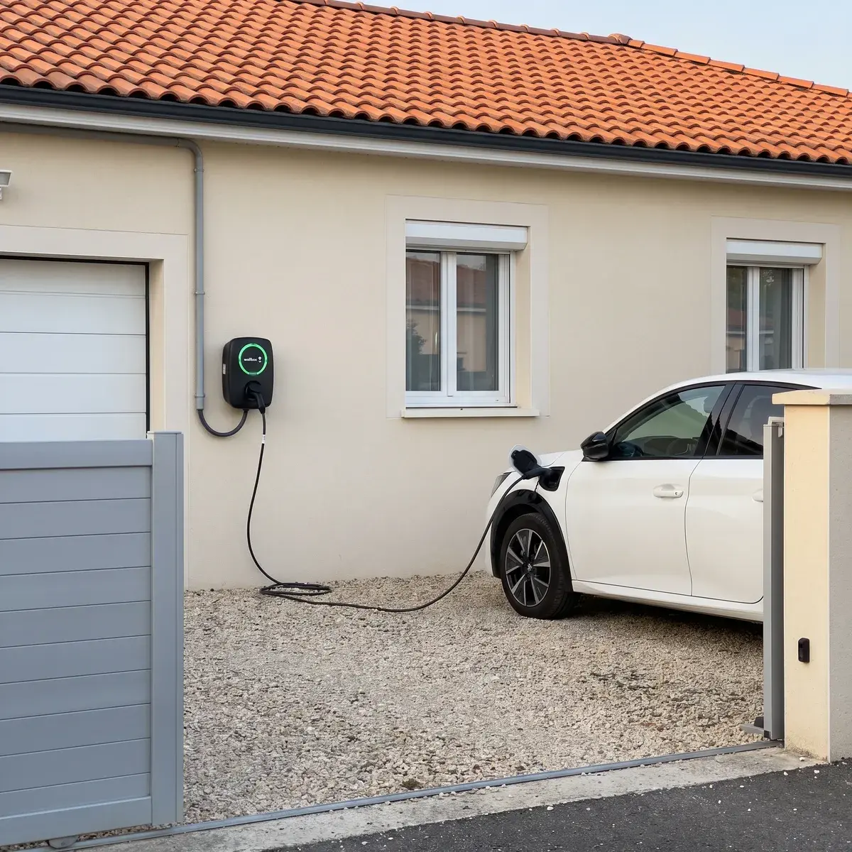Borne Wallbox Pulsar Max sur la façade d'un pavillon, branchée à une Peugeot e-208 garée dans l'allée.