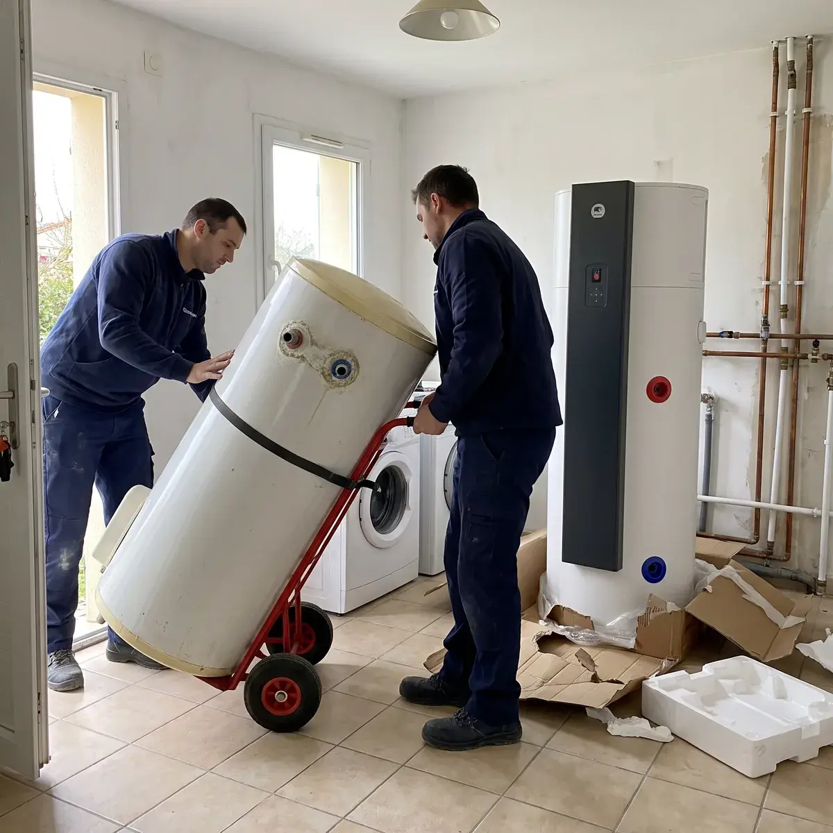 Deux plombiers sortent un ancien chauffe-eau électrique sur un diable, à côté du Thermor Aéromax 6 neuf déballé dans le cellier d’un pavillon.