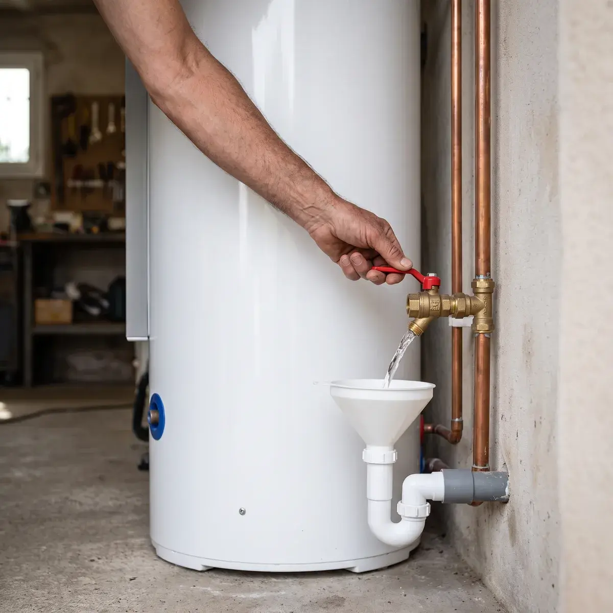 Au pied d'un chauffe-eau thermodynamique Atlantic Calypso, une main manœuvre la manette rouge du groupe de sécurité ; l'eau s'écoule dans l'entonnoir relié à l'évacuation.