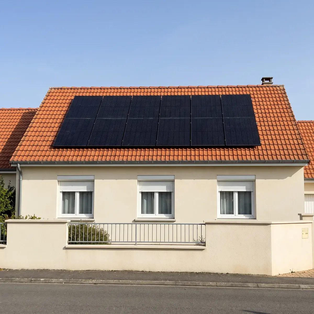 Pavillon au crépi clair et toit de tuiles orange équipé de douze panneaux solaires noirs
