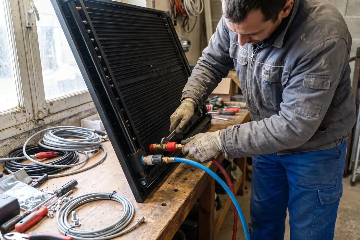 Un installateur raccorde les flexibles d’eau à l’échangeur thermique au dos d’un module hybride DualSun SPRING, sur un établi d’atelier.