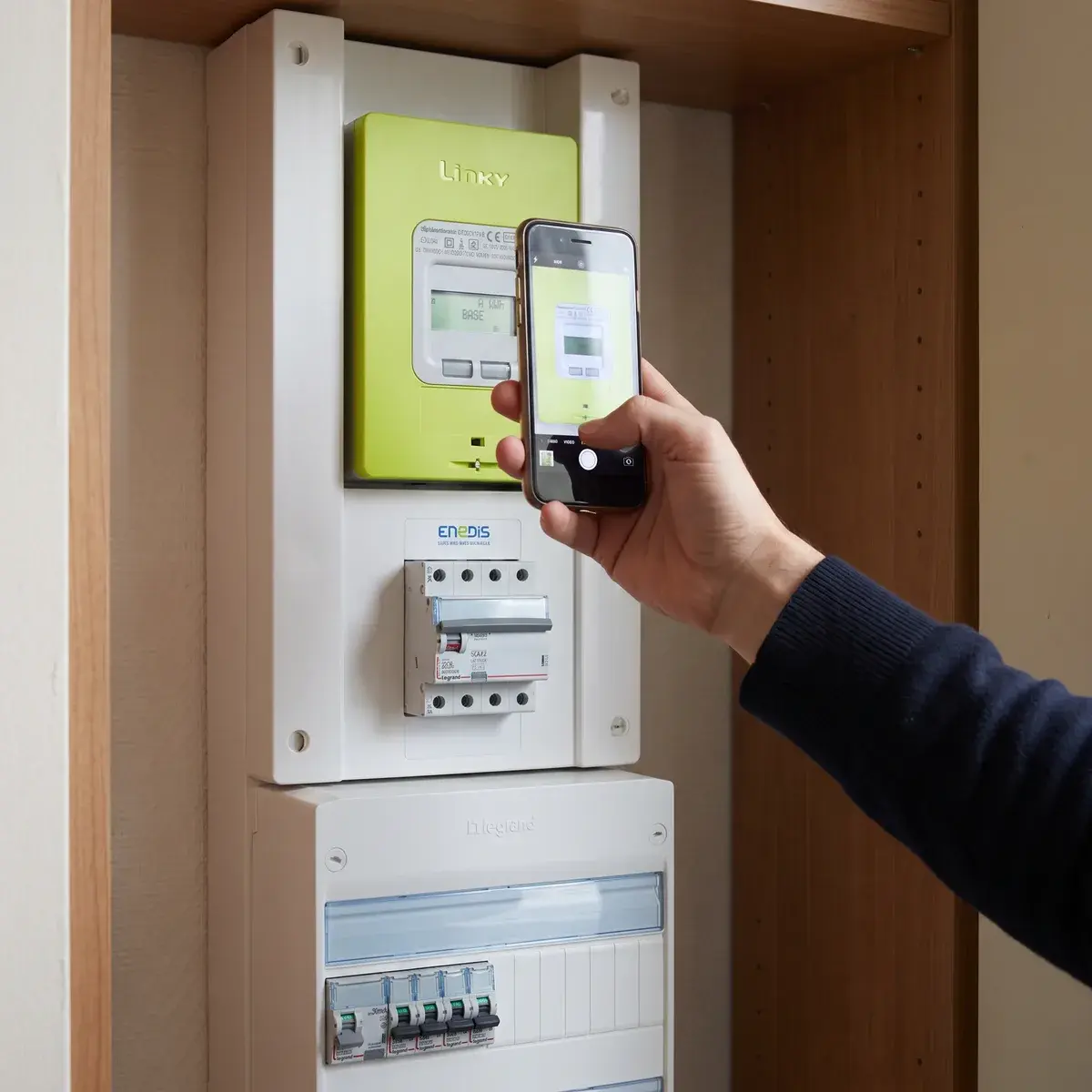 Un particulier relève l'affichage de son compteur Linky avec son téléphone, au-dessus du tableau électrique