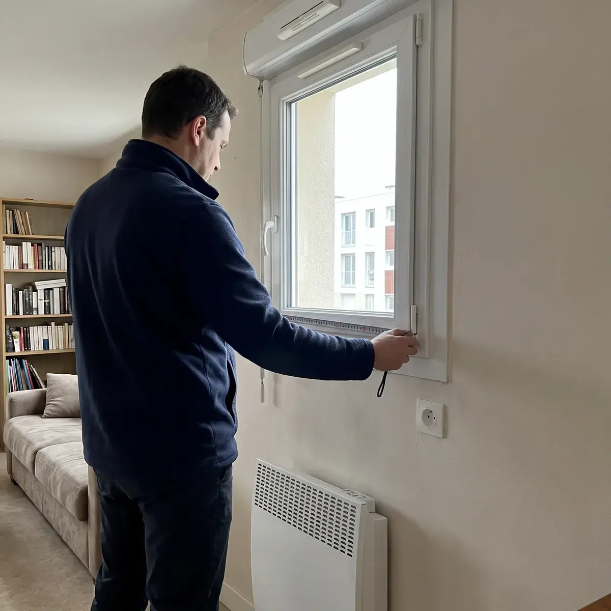 Un diagnostiqueur mesure la fenêtre PVC d’un appartement loué des années 1960, au-dessus d’un convecteur électrique Atlantic F617.