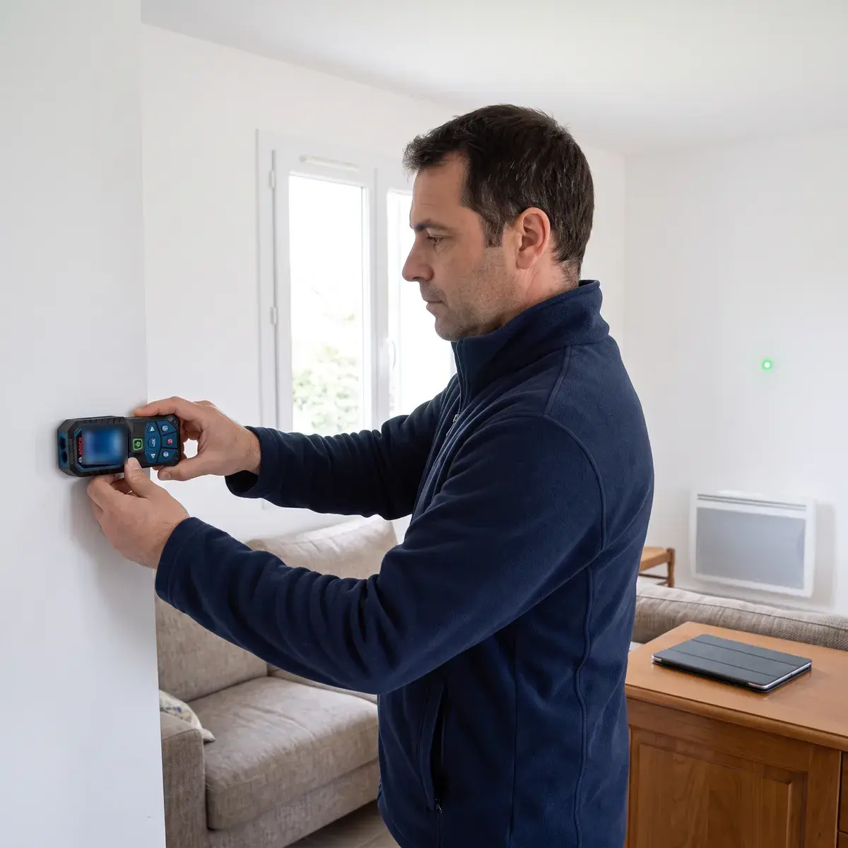 Dans le séjour d’un pavillon, un diagnostiqueur en polaire bleu marine plaque un télémètre laser Bosch GLM 50-23 G contre le mur pour mesurer la pièce.