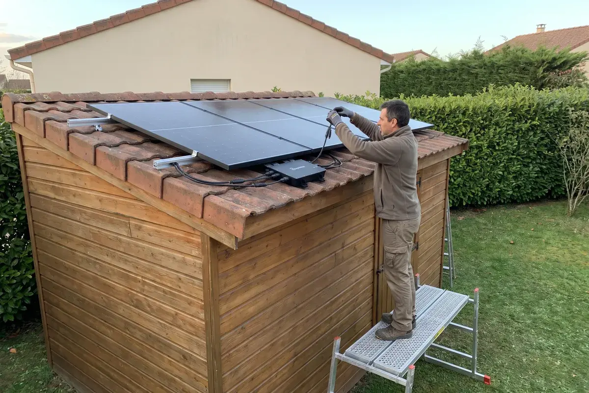 Un particulier raccorde un micro-onduleur Hoymiles HMS-2000-4T sous quatre modules Trina Solar Vertex S+ posés sur un abri de jardin.