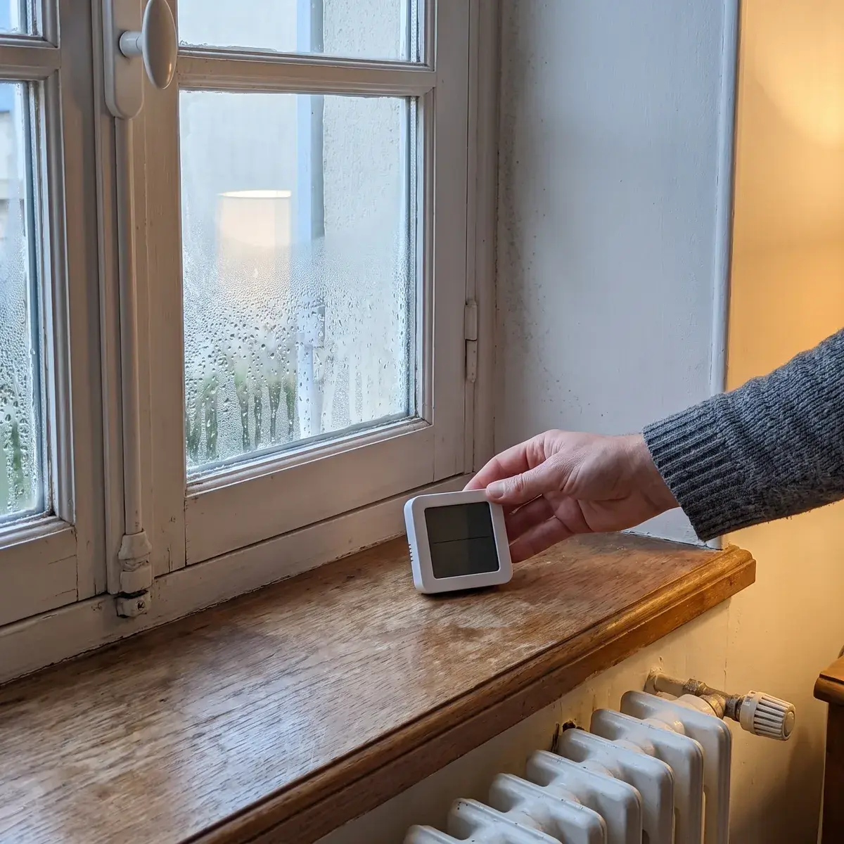 Une main pose un thermo-hygromètre TFA Dostmann sur l’appui d’une fenêtre couverte de buée, au-dessus d’un radiateur.