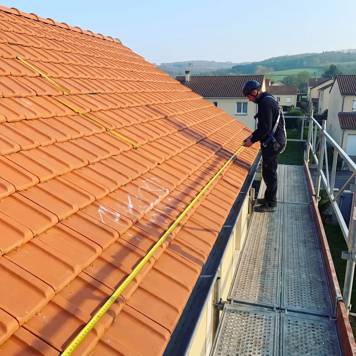 Un installateur mesure le pan de toiture d'un pavillon depuis l'échafaudage, avant la pose des panneaux.