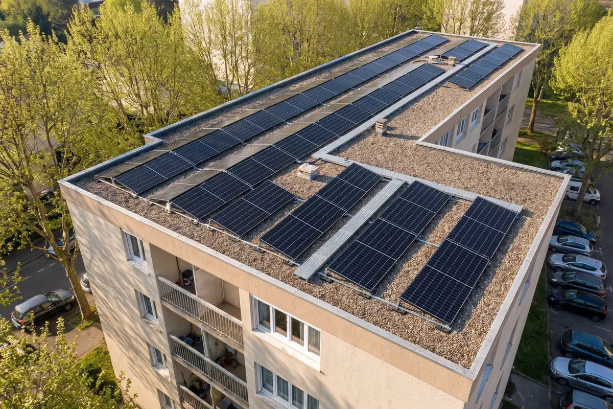 Toit-terrasse d’une copropriété des années 1970 couvert de rangées de modules Trina Solar Vertex S+ sur supports lestés.
