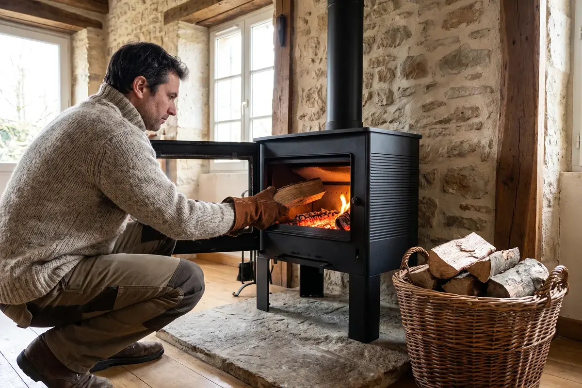 Un particulier accroupi glisse une bûche dans un poêle à bois Supra Gaby ouvert sur ses braises, dans une maison en pierre.