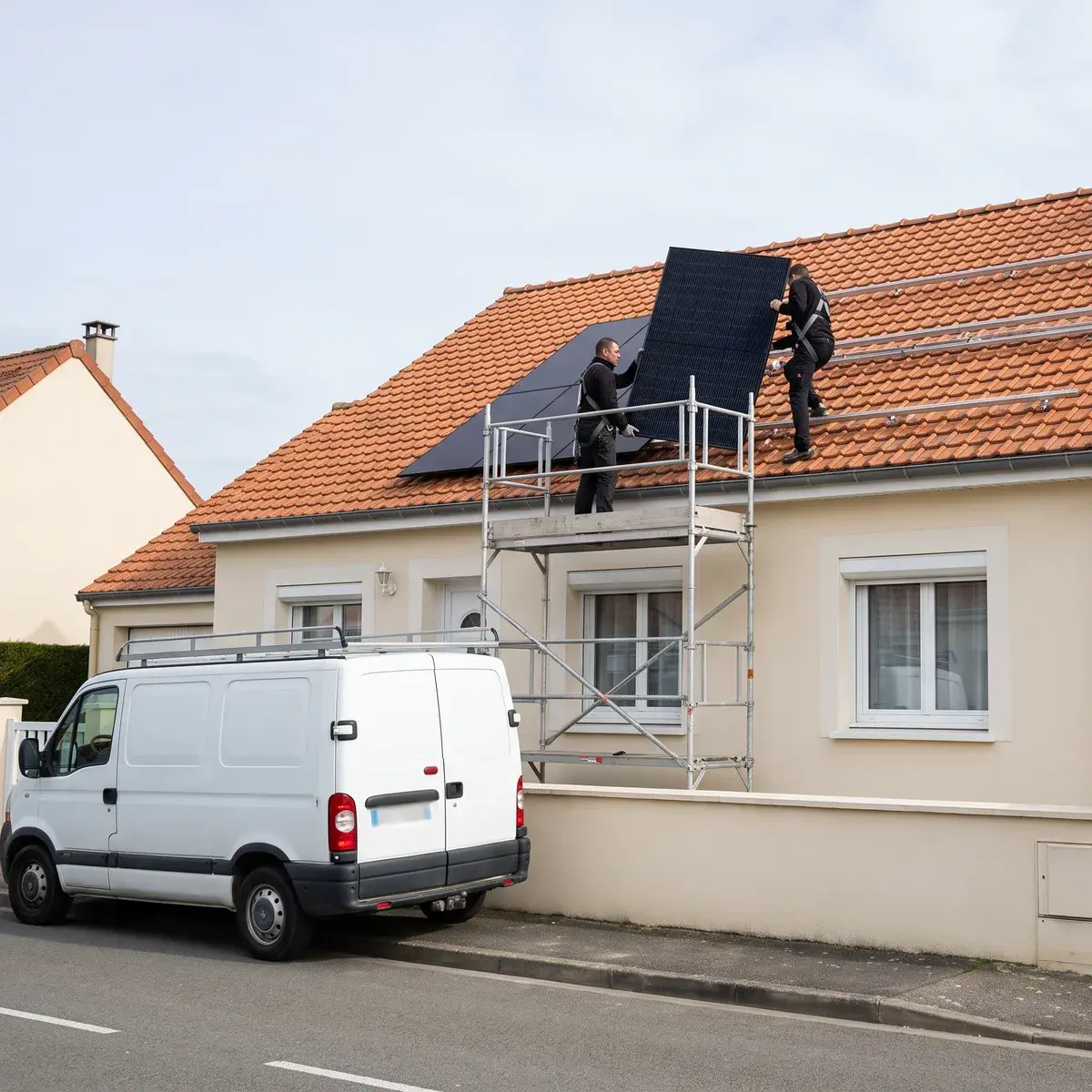 Deux poseurs installent des modules noirs sur la toiture d'un pavillon, depuis un échafaudage avec garde-corps.