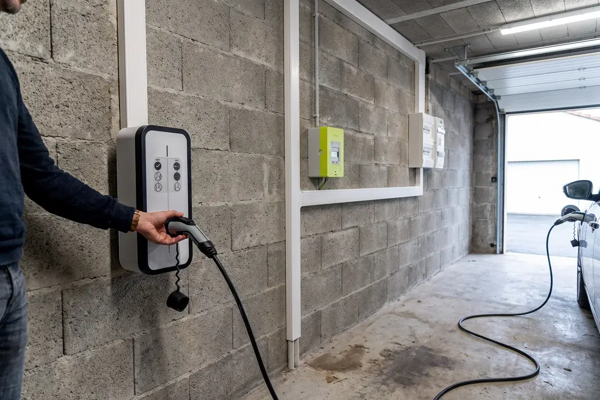 Un particulier branche le câble de sa voiture sur une borne Hager witty start fixée au mur en parpaing du garage, à quelques mètres du compteur Linky.