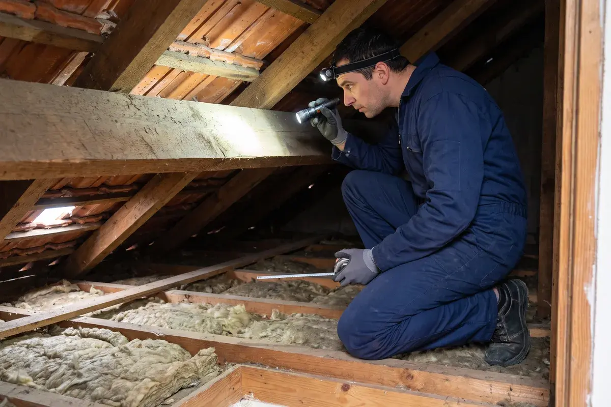Un technicien inspecte à la lampe les chevrons d’une charpente sous des tuiles en terre cuite, lors d’une visite technique avant devis.