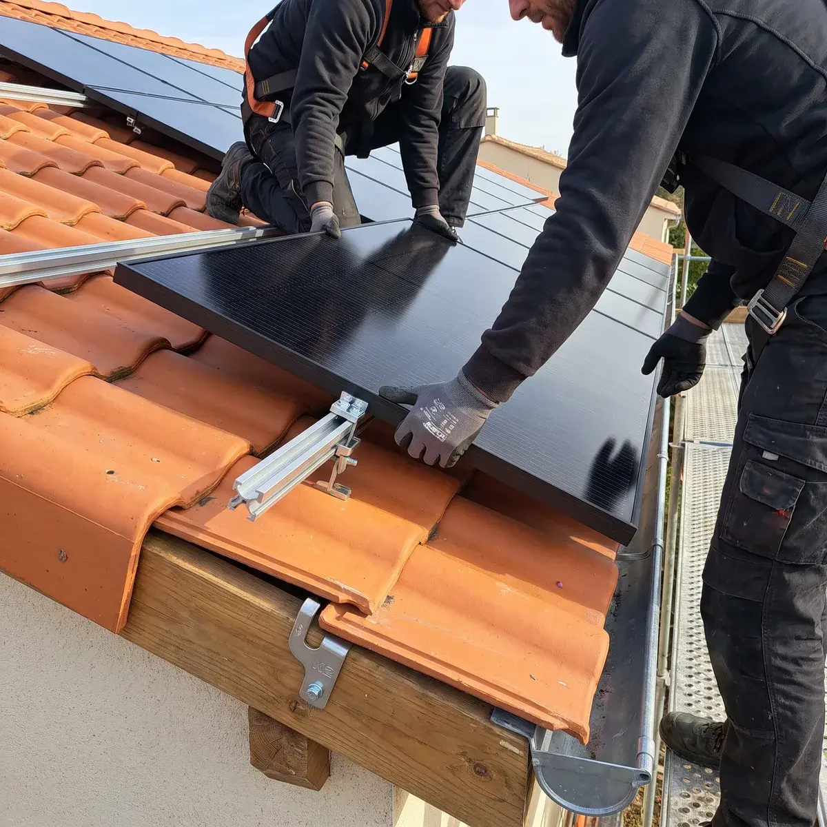 Deux couvreurs harnachés posent un panneau solaire noir sur les rails d'un toit de tuiles