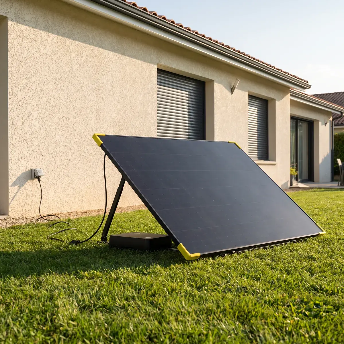 Station solaire Sunology PLAY posée sur la pelouse et branchée sur une prise extérieure