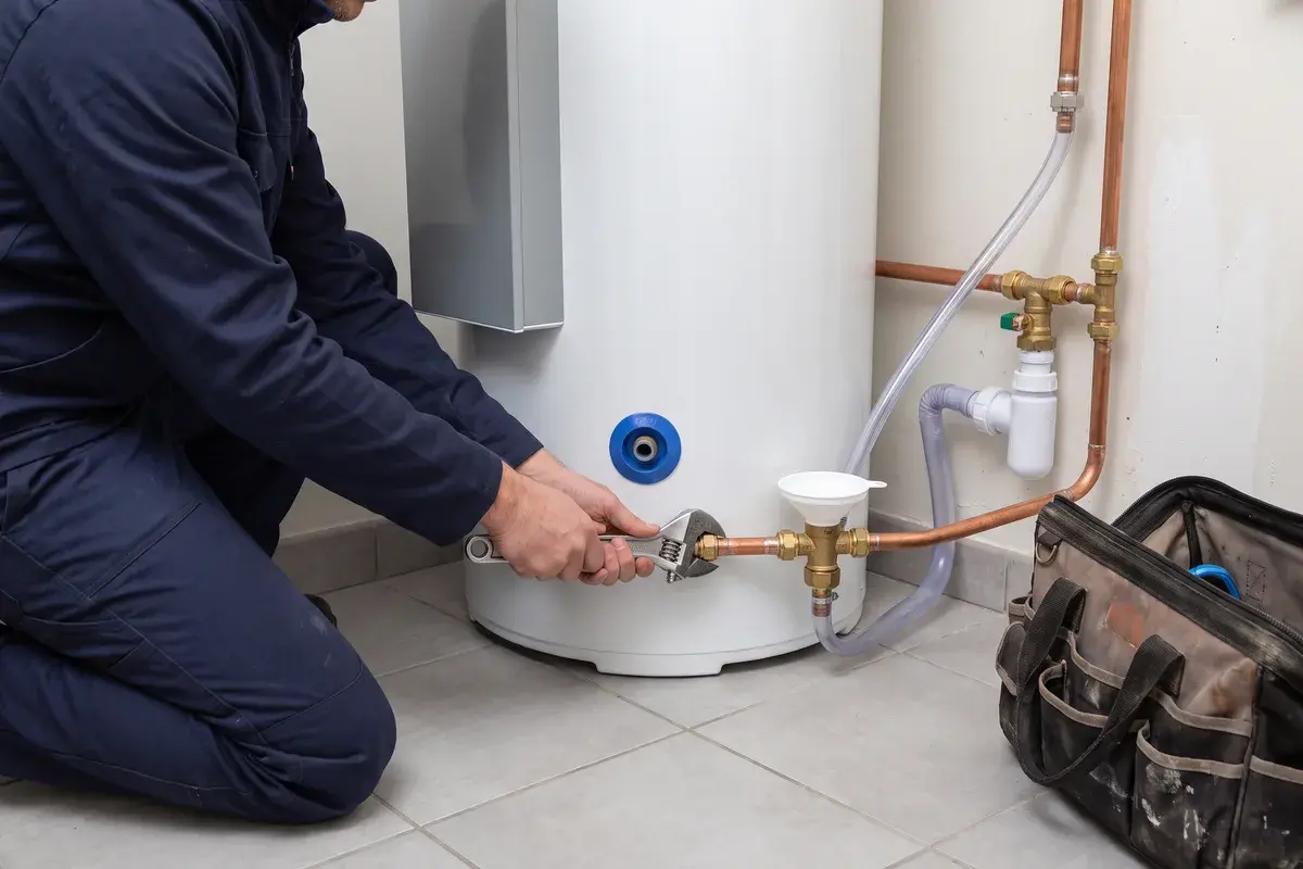 Un plombier serre un raccord au pied d’un chauffe-eau thermodynamique Atlantic Calypso Connecté, à côté du groupe de sécurité, de son entonnoir et du siphon des condensats.