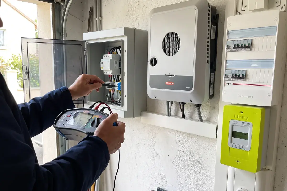 Un contrôleur teste la continuité de terre dans le coffret de protection d’un onduleur Fronius Primo GEN24 Plus, à côté du compteur Linky et du tableau Legrand.