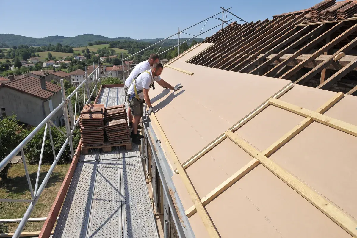 Deux couvreurs posent des panneaux isolants Unilin Utherm Sarking K sur les chevrons d’une toiture découverte, depuis un échafaudage ; les contre-liteaux sont déjà vissés et les tuiles attendent sur une palette.