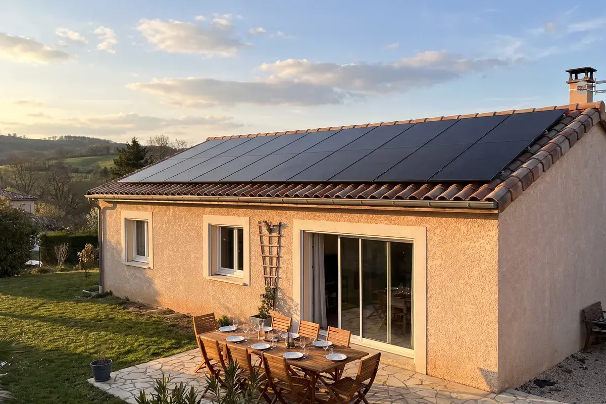 Pavillon en crépi dont le pan ouest porte des modules DualSun FLASH éclairés par le soleil du soir, au-dessus d’une terrasse dressée pour le dîner.