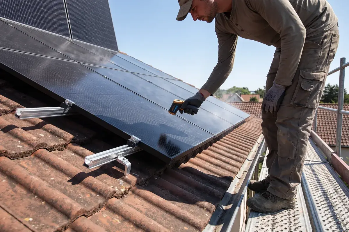 Un technicien mesure au thermomètre infrarouge la température de modules noirs Trina Solar Vertex S+ sur une toiture en tuiles en plein été.