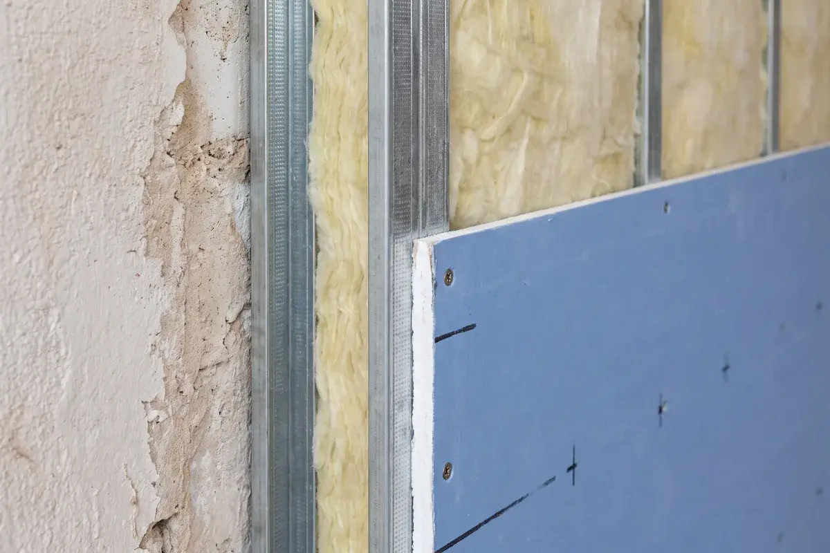 Bord d’un doublage sur ossature métallique en cours de pose : le mur d’origine au fond, les montants galvanisés garnis de laine de verre, puis une plaque de plâtre acoustique bleue vissée en façade.