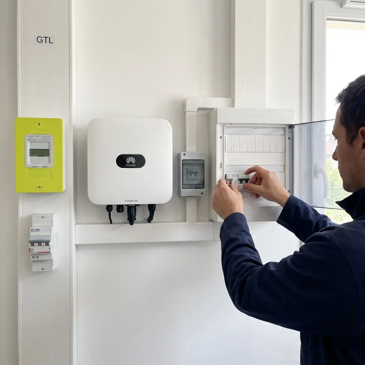 Un électricien raccorde un onduleur Huawei SUN2000 au tableau Legrand, sous le compteur Linky d'une gaine technique.