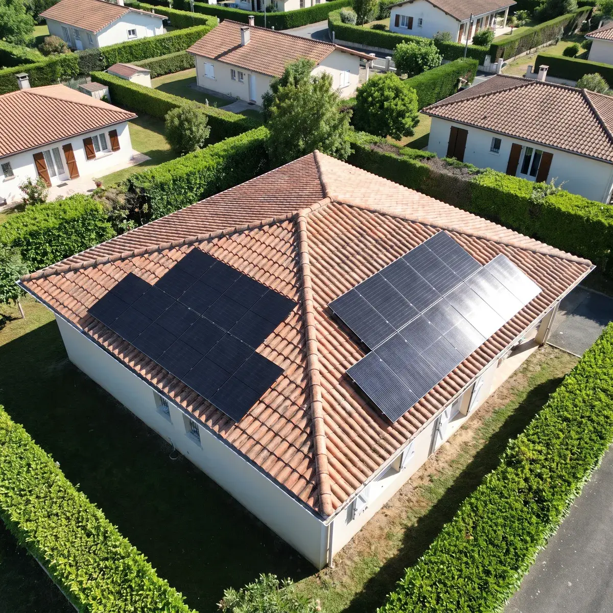 Toiture à quatre pans équipée de modules Trina Solar Vertex S+ orientés à l'est et à l'ouest.