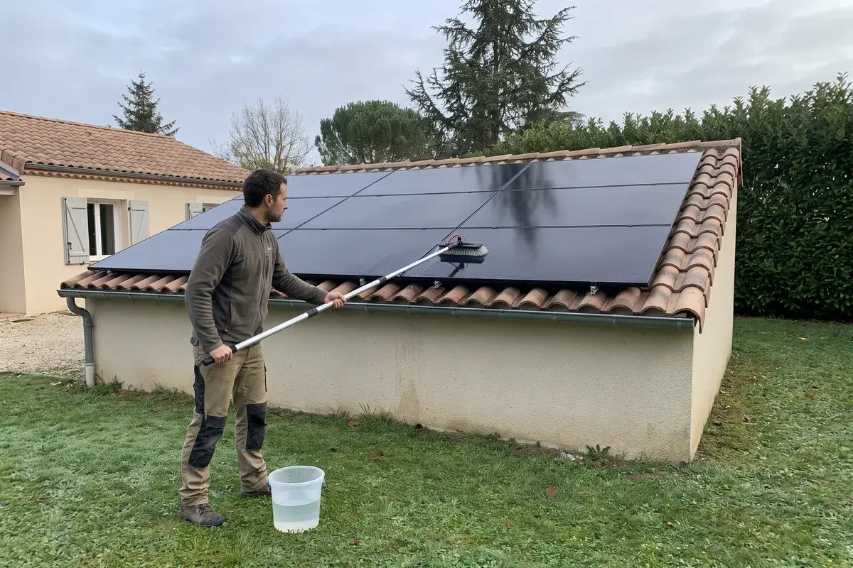 Un particulier resté au sol nettoie à la perche et à l’eau claire des modules DualSun FLASH posés sur un garage de plain-pied.