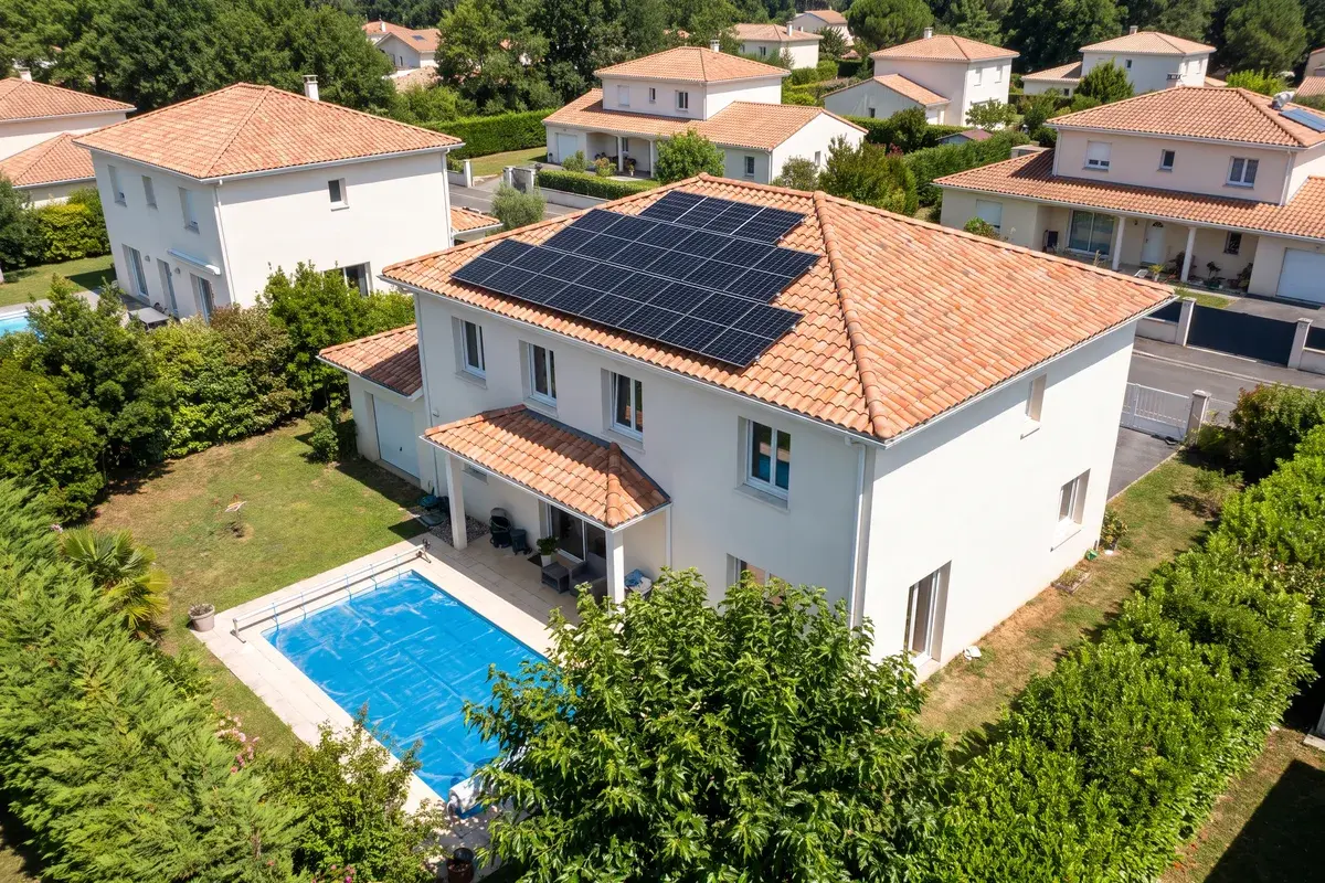 Vue aérienne d’une villa en crépi blanc dont le pan sud porte une grande installation de modules AIKO NEOSTAR.