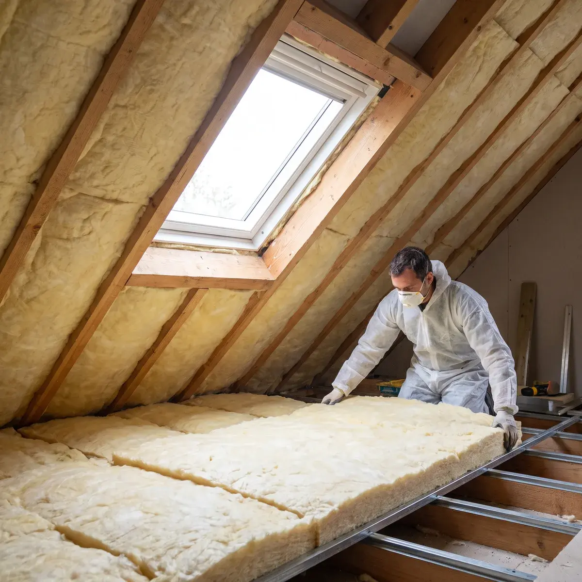 Combles en cours d’aménagement : de la laine de verre Isover Isoconfort 32 garnit l’espace entre les chevrons sous une fenêtre de toit, et un poseur masqué pose une seconde couche sur les rails.