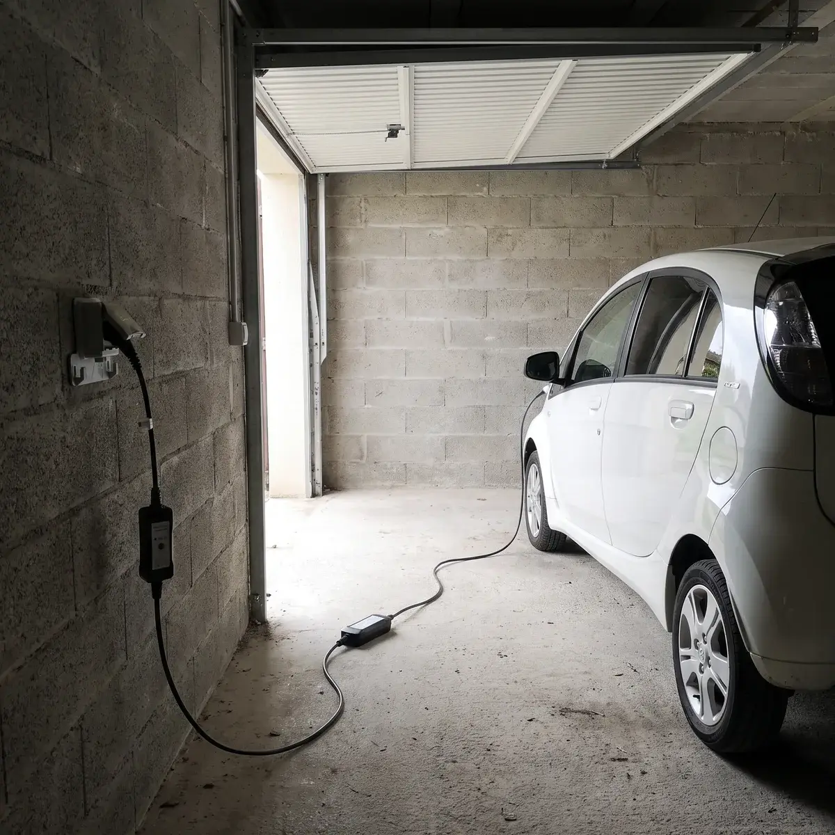 Prise renforcée Legrand Green'up dans un garage en parpaing, câble de recharge vers une petite voiture électrique