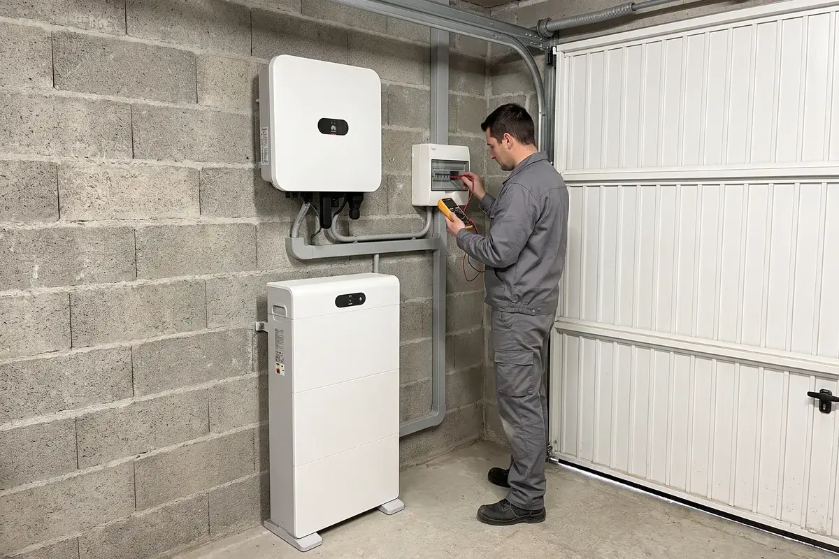 Un installateur met en service un onduleur hybride Huawei SUN2000 et une batterie Huawei LUNA2000-S1 dans un garage en parpaing.