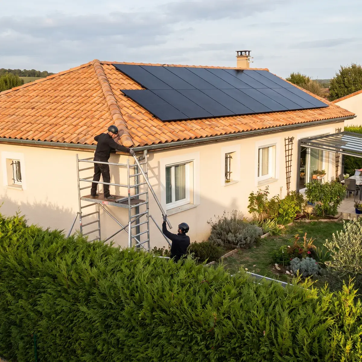 Installation terminée de seize modules LONGi Hi-MO X10 sur un pavillon, pendant le démontage de l'échafaudage.