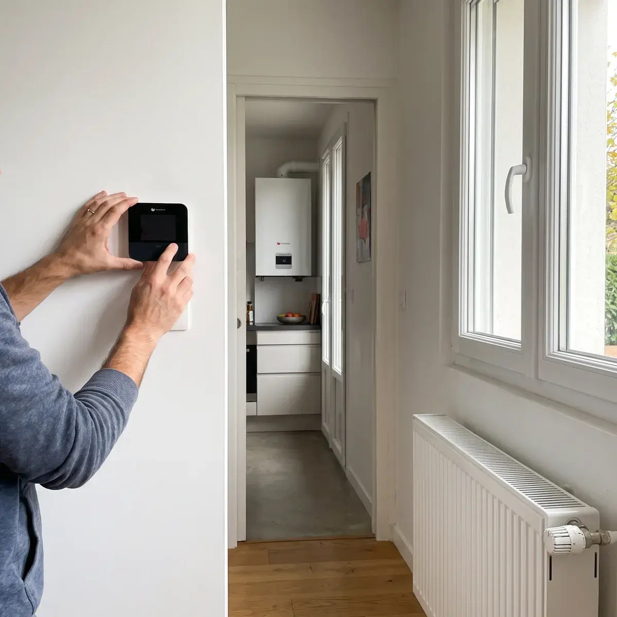 Un particulier fixe un thermostat d’ambiance sans fil Saunier Duval MiSet sur un mur intérieur, loin du radiateur et de la fenêtre, la chaudière ThemaPlus Condens visible dans la cuisine.