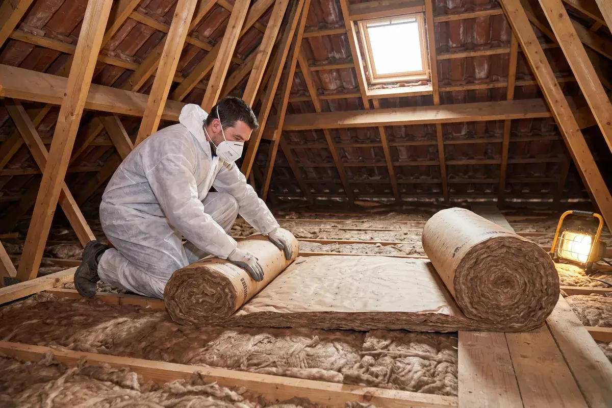 Un poseur déroule une seconde couche de rouleaux Knauf Insulation TI 212 perpendiculairement à la première, posée entre les solives.
