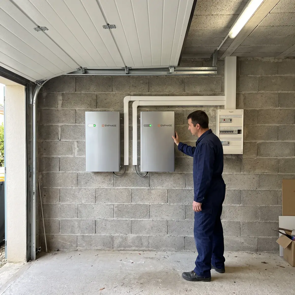Deux batteries Enphase IQ Battery 5P fixées au mur d'un garage en parpaing, vérifiées par un électricien.