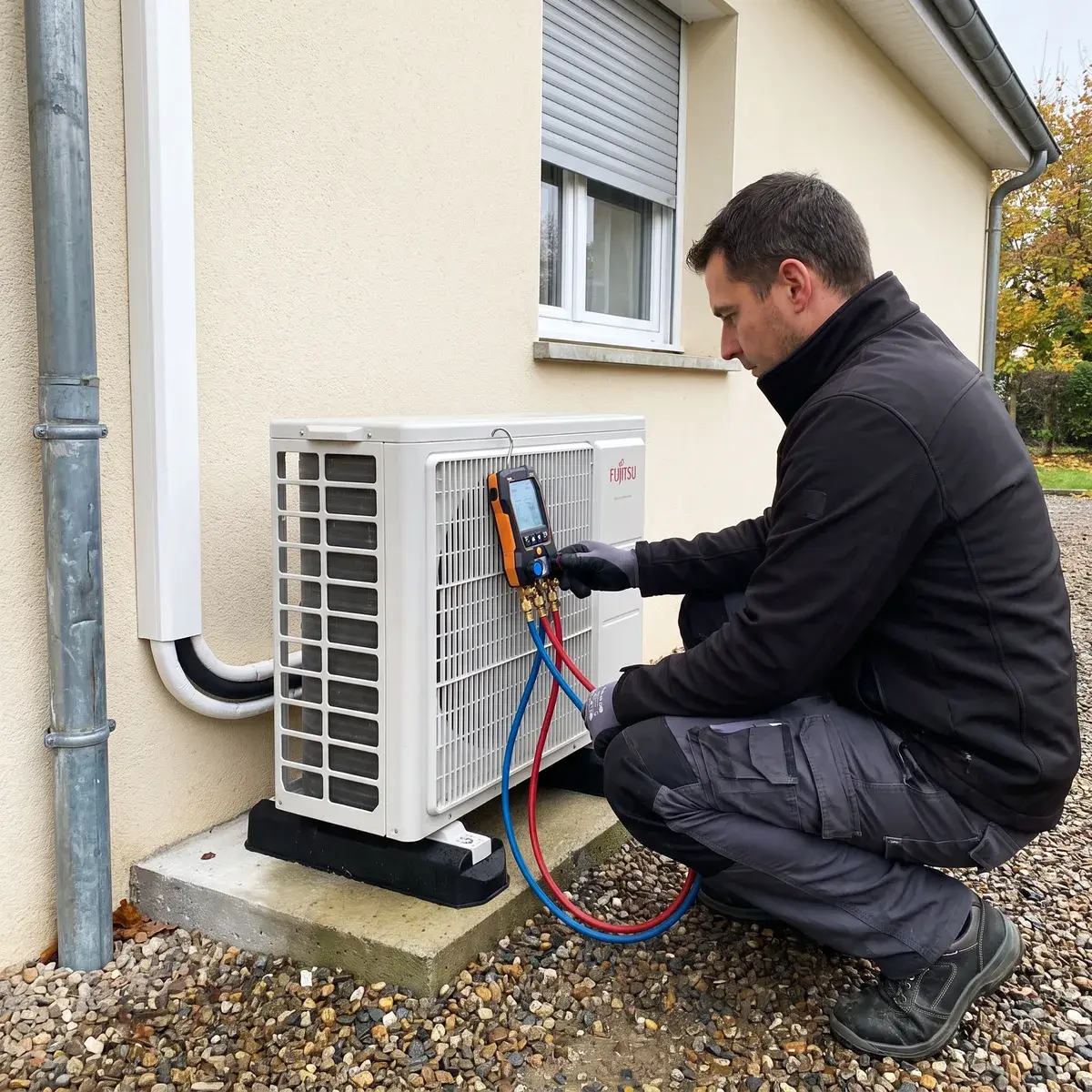 Un technicien contrôle les pressions d’une unité extérieure Atlantic Alféa Extensa S avec un manifold Testo 550s, contre le mur crépi d’un pavillon.