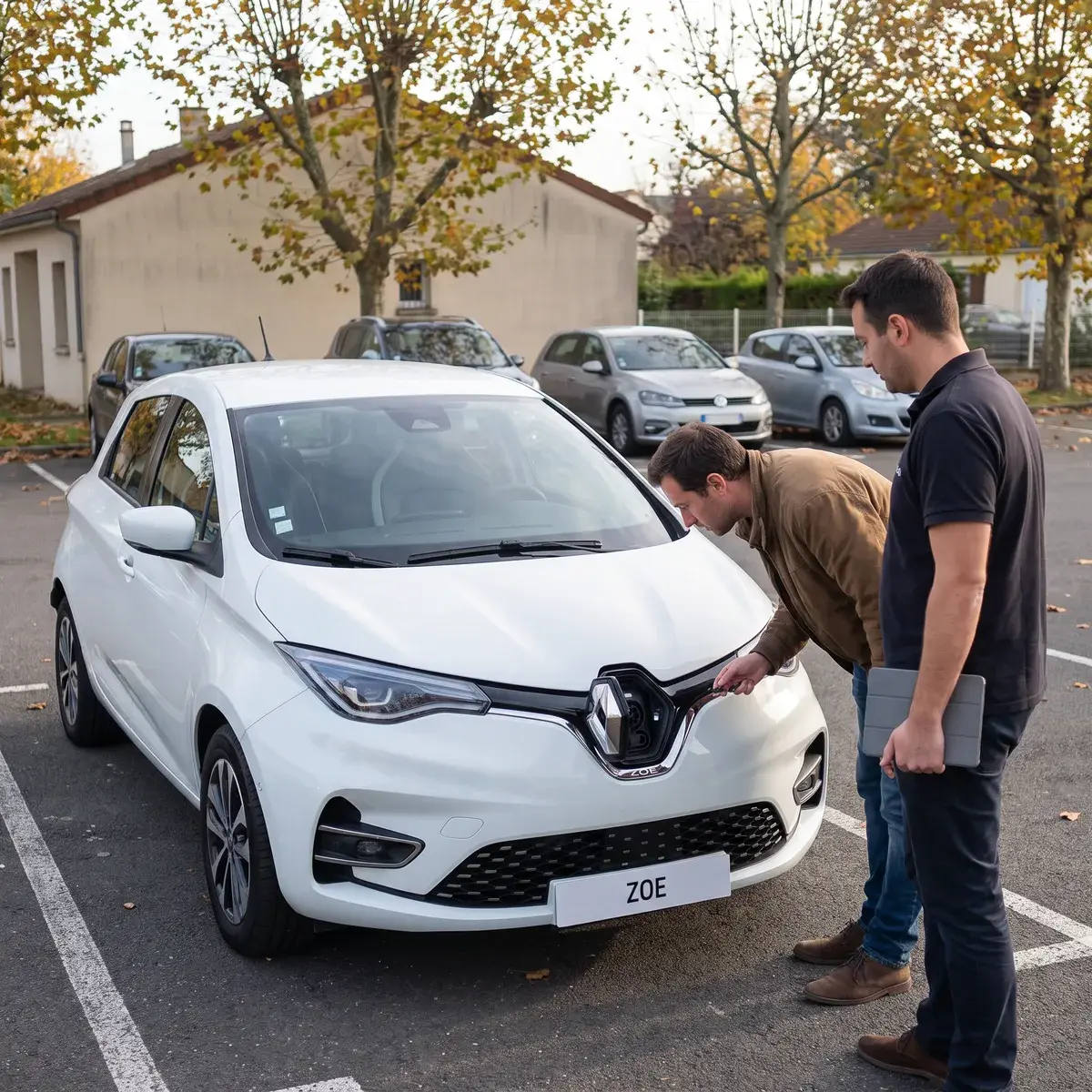 Sur le parking d'une concession, un acheteur se penche vers le losange Renault relevé d'une Renault Zoe blanche, qui cache la prise de recharge, à côté d'un vendeur qui tient une tablette.