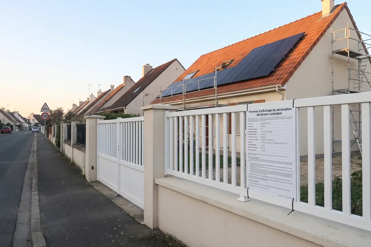 Panneau d’affichage de déclaration préalable fixé à la clôture d’un pavillon dont la toiture reçoit des modules Voltec Solar TARKA, échafaudage en place.