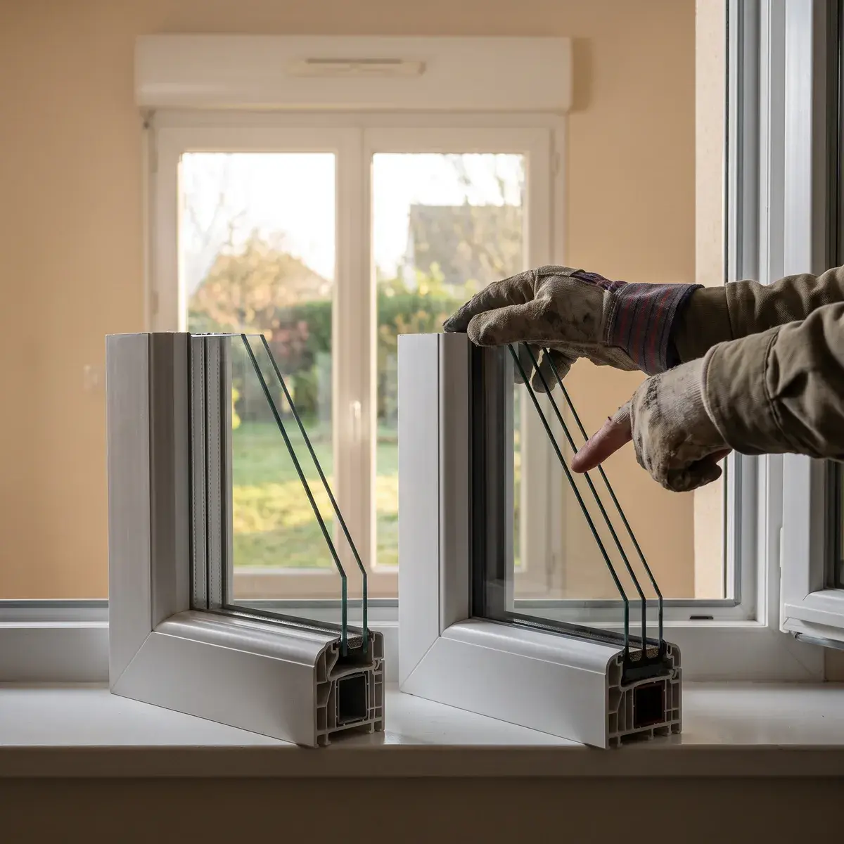 Deux coupes d'angle de fenêtre PVC blanche posées sur un appui intérieur : à gauche un double vitrage à deux verres, à droite un triple vitrage à trois verres, qu'une main gantée désigne.