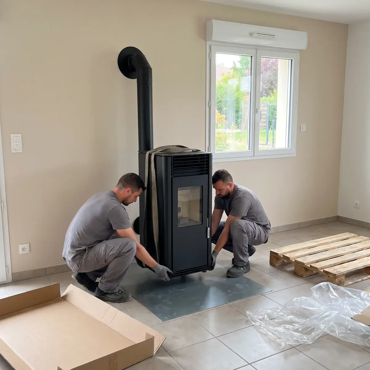 Deux installateurs posent un poêle à granulés Supra Calliopé 8 kW noir sur sa plaque de protection de sol, devant le conduit déjà raccordé, dans le séjour d'un pavillon ; l'emballage et la palette sont encore au sol.